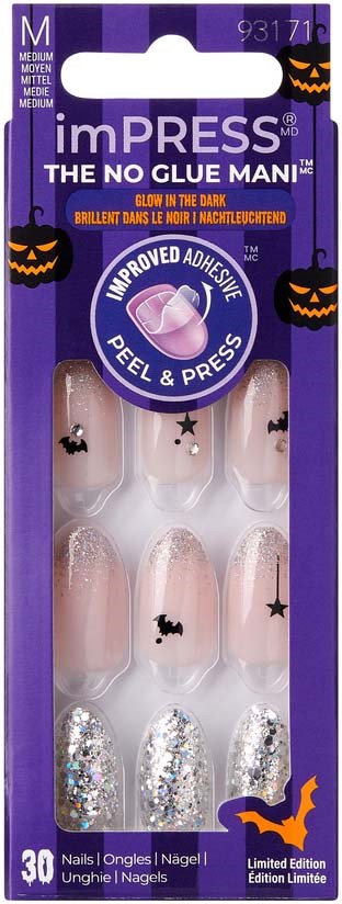 Nagelaufkleber mit Halloween-Motiven, einige leuchten im Dunkel, klar mit Glitzer und kleinen schwarzen Fledermäusen. Limitierte Edition.