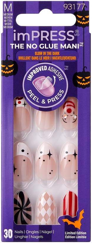 Dekorative Nagelsticker mit Halloween-Thema, mit Kürbissen, Geistern, Fledermäusen und Mustern in Schwarz, Weiß, Rot und Orange.