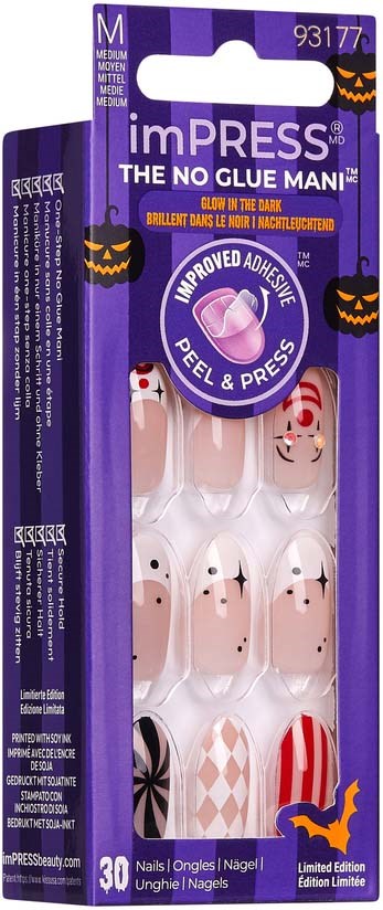 Paket mit Halloween-Themen-Nägeln zum Aufkleben, die im Dunkeln leuchten und dekorative Gesichter haben.