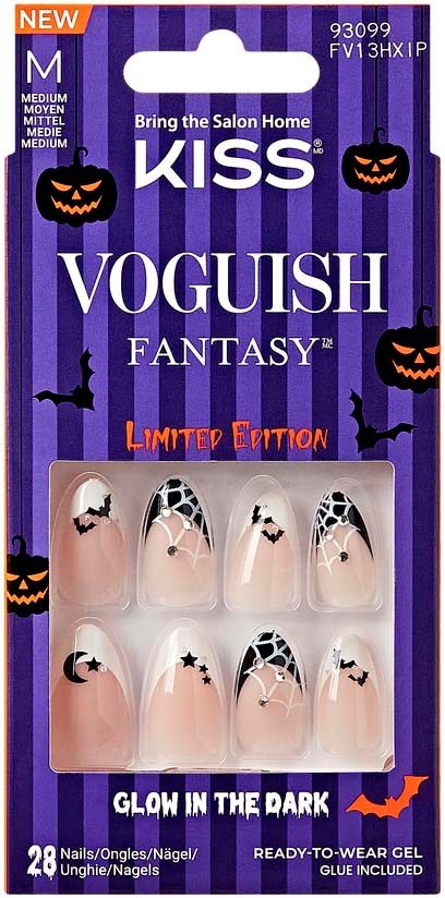 Halloween-themed nail stickers with bats, spiders, and stars, glowing in the dark, in a purple and black package.