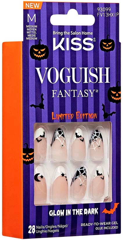 Halloween themed nail sticker set with 28 designs, featuring spiders, bats, and pumpkins for a glowing, spooky look.