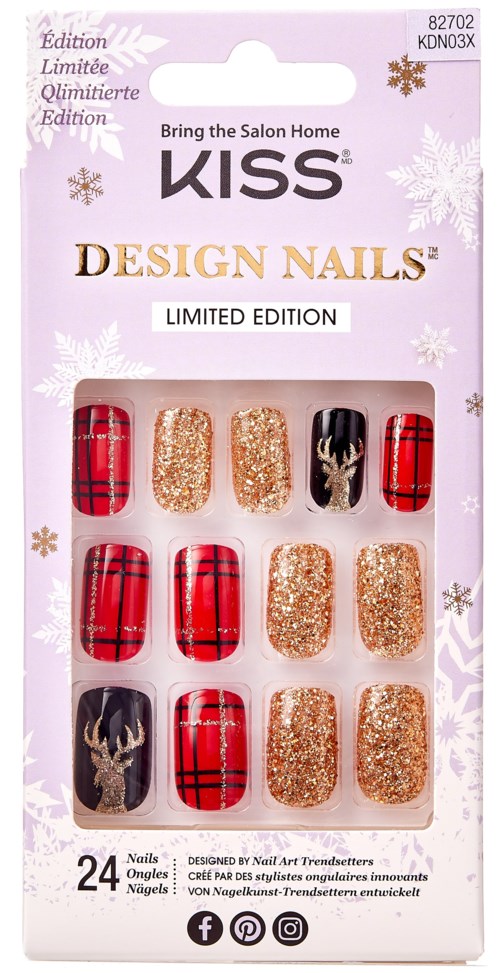 Nail stickers with red, gold, and reindeer designs in packaging labeled 'Limited Edition' and 'Design Nails.'