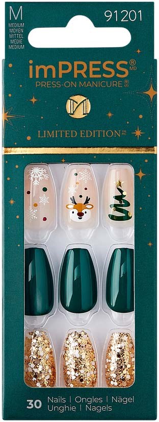 Nail stickers with Christmas themes, including a reindeer, snowflake, Christmas tree, and glitter, in a package.