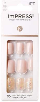 Transparente Verpackung mit sechs falschen Nägeln, einige schlicht, andere mit Glitter, mit 'imPRESS' beschriftet.