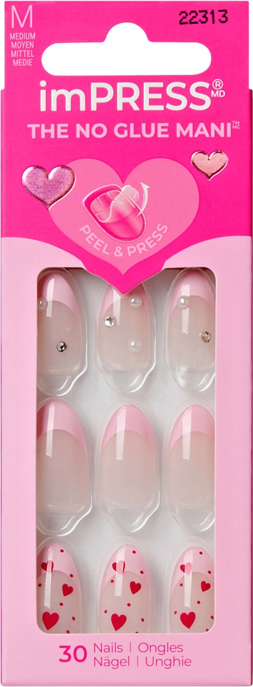 Pink packaging with false nails decorated with hearts, labeled as no glue, for easy press-on application.