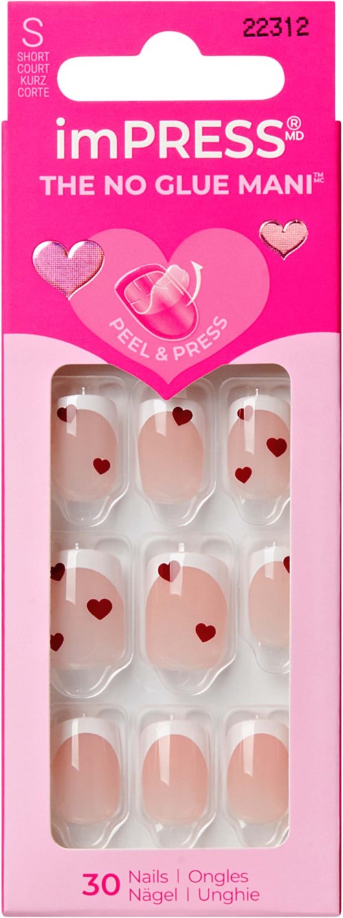 Nail stickers with pink hearts, designed to be applied easily without glue, in a pink package for 30 nails.