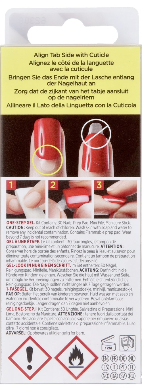 En nagellacksgelpaket med instruktioner och säkerhetssymboler som visar hur man applicerar och varningar.