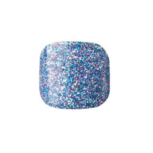 En fyrkant med rundade hörn täckt av glittrande, färgglad glitter i blått, rosa och silver.