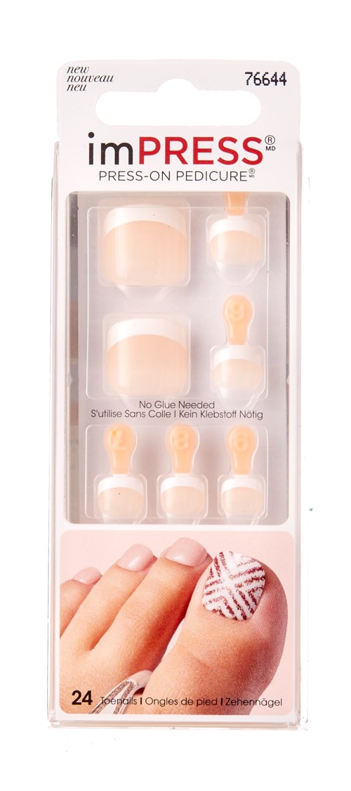 A box of imPRESS press-on pedicure nails with different sizes and foot symbols for easy application.