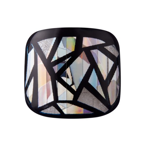A round, shiny object with black lines creating an abstract pattern over a luminous, colorful background.