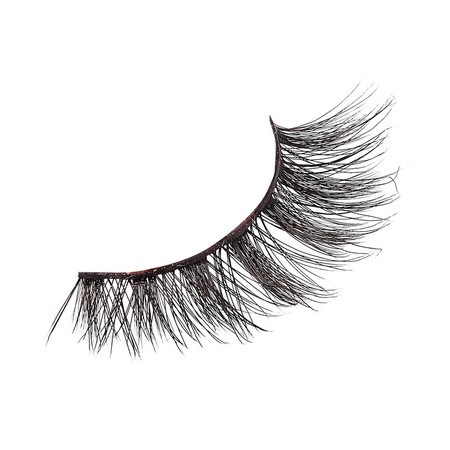 A single false eyelash with long, thick, and wispy hairs, curved on a white background.
