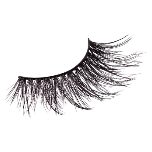 A single false eyelash, thick and long, with many fine strands, curved to resemble a natural eyelash.
