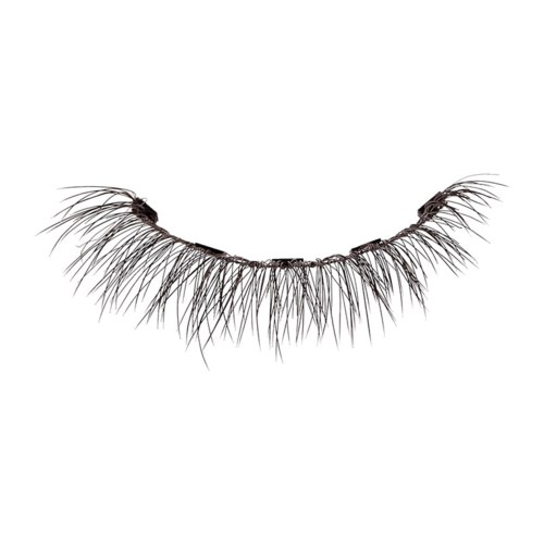 Ein Paar schwarzer falscher Wimpern mit langen, dichten Strähnen, die nach oben gebogen sind auf weißem Hintergrund.