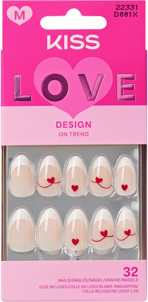 Packung mit künstlichen Nägeln mit roten Herzen und Pfeilen, rosafarbene Verpackung mit 'KISS LOVE'.