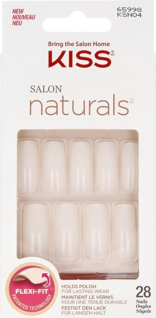 KISS salon naturals naglar låda, rymmer 28 naglar, främjar naturligt utseende, flexibel passform, enkel att använda.