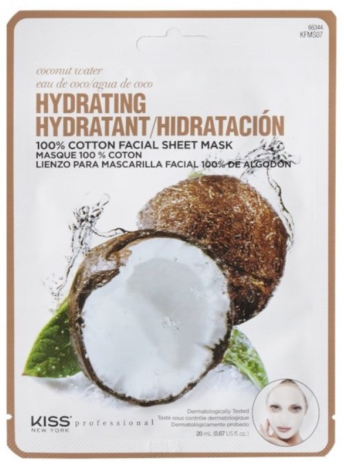 En ansiktsmaskprodukt med kokosvatten, visar en kokosnöt och en ansiktsmaskillustration på förpackningen.