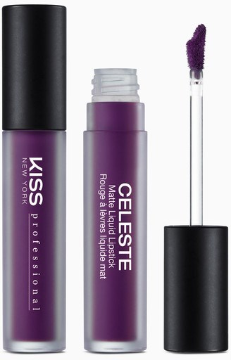En lila flytande läppfärg med inbyggd applikatorborste i ett svart rör, märkt "KISS PROFESSIONAL NEW YORK" och "CELINE".
