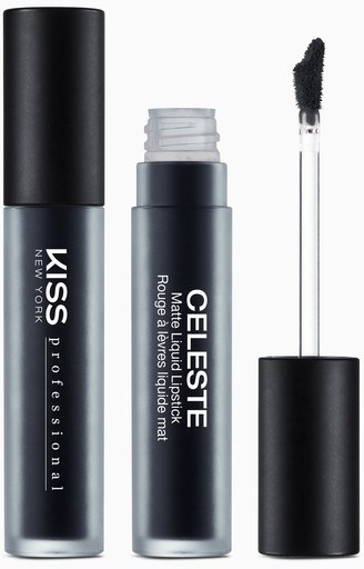 Två svarta sminkrör, en öppen med applikator. Texten säger "Kiss" och "Celeste".