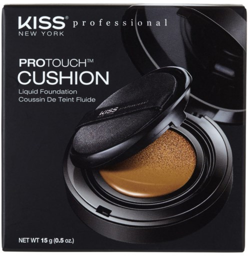 En svart eske viser en pute med væskegrunnlag inni, merket "KISS professional PROTOUCH CUSHION".