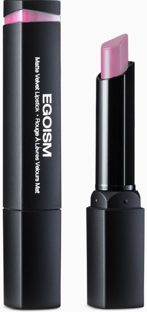 En svart läppstiftstift med rosa läppstift inuti och rosa vid spetsen, märkt 'EGOSM' med extra text.