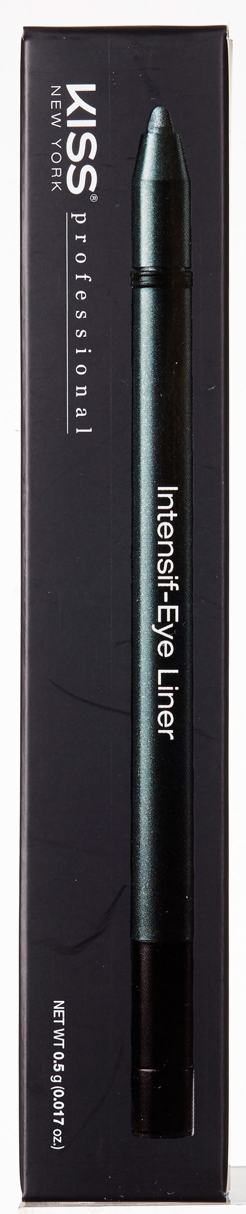 En svart ögonpenna med silverspets. Förpackningen har orden 'KISS Professional' och 'Intense Eye Liner'.