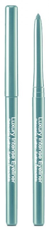 Två turkosa ögonliners, en med lock och en med synlig spets, märkt 'Luxury Intense Eyeliner.'
