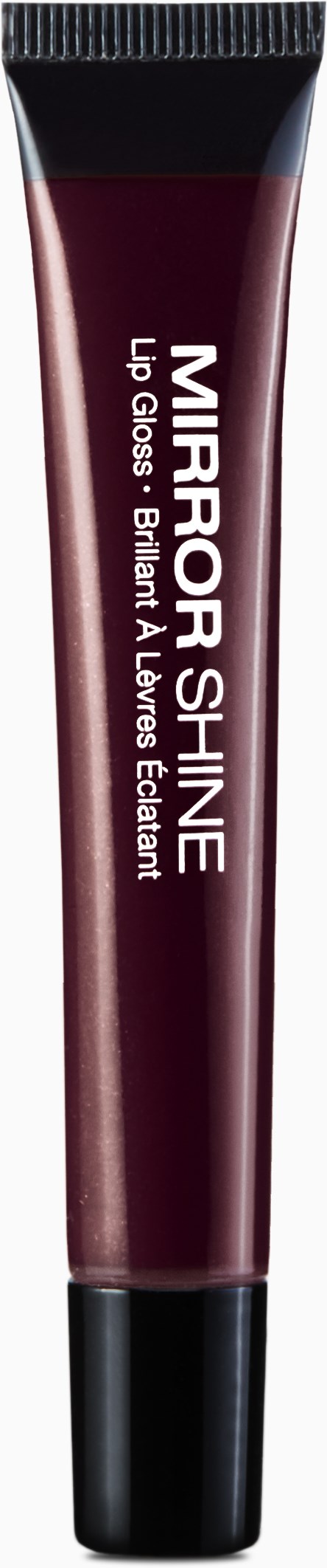En läppglansrör som heter 'Mirror Shine' med glansig, mörkröd förpackning och svart lock.