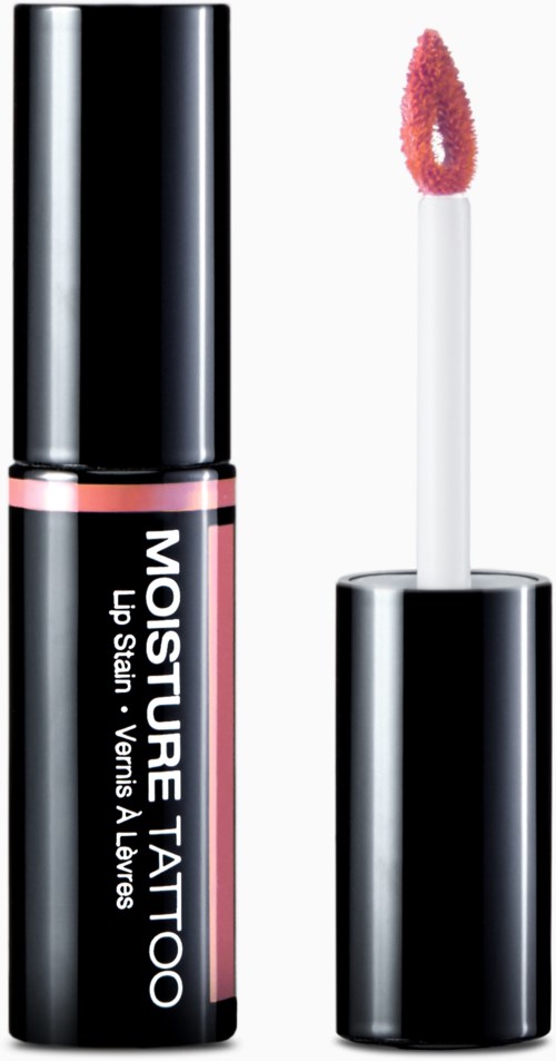 Ett läppglansrör med en applikator, märkt "Moisture Tattoo" och "Lip Stain, Verona's Leaves."