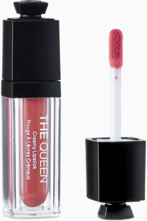 Lip gloss tube with pink tint, applicator with pink sponge. Simple black and clear packaging design.