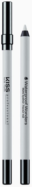 Två vita pennor, en med lock i svart och den andra med svart spets, märkta 'KISS' och 'Waterproof Wonder'.