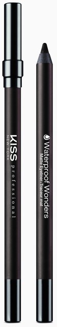 Två svarta makeup-pennar, en med silverlock, märkta 'KISS PROFESSIONAL' och 'Waterproof Wonder' mot en svart och vit bakgrund.
