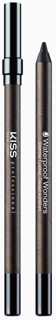 Två sminkpennor, en med lock och en utan, båda märkta 'KISS Professional' och 'Waterproof Wonders.'