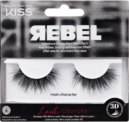 Verpackung mit falschen Wimpern namens 'Rebel' mit dichten, langen Wimpern und Beschreibung eines rauchigen Augenlooks.