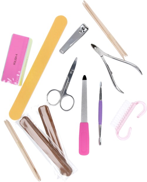 Various nail care tools and accessories, including files, clippers, scissors, sticks, and polish pads.