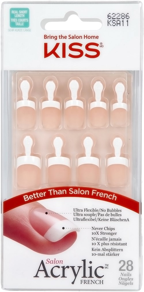 Pakke med 28 beige akryl negletupper med hvite klaffer, merket for salong og hjemmebruk, med fokus på fleksibilitet og styrke.
