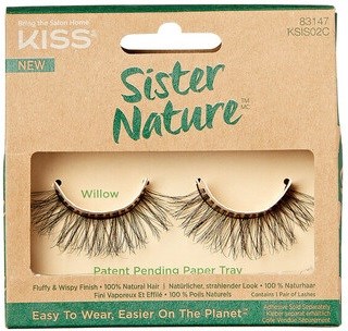 Die Verpackung zeigt ein Paar falsche Wimpern namens Willow, natürlich aussehend, einfach zu tragen und umweltfreundlich.