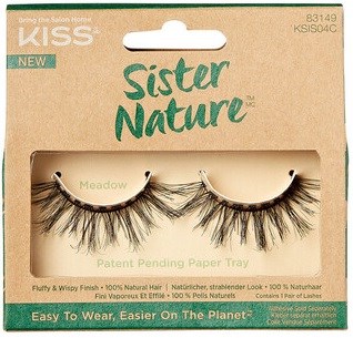 Package of Sister Nature false eyelashes with a natural, fluttery look, designed for easy and eco-friendly wear.