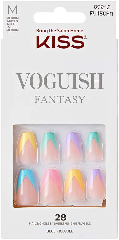 Nageltippar i pastell- och ljusa färger i en förpackning. Förpackningen är huvudsakligen vit med varumärke och produktinformation.