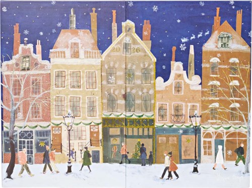 Illustration av ett snöigt stadsgata med färgglada byggnader, butiker och människor som går under vintern.