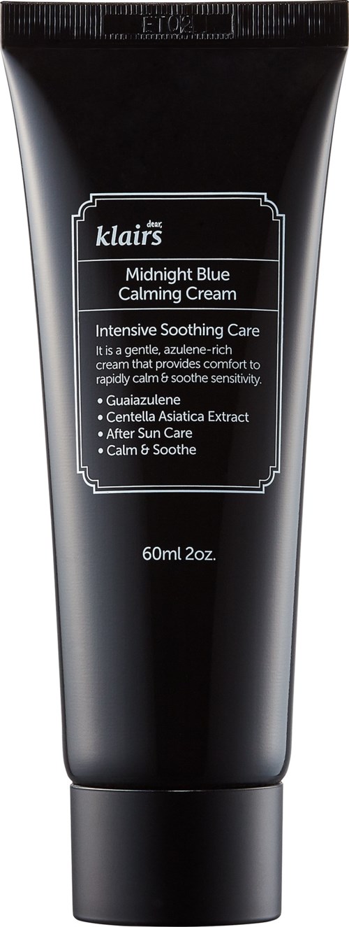 Een zwarte tube met de tekst 'Klairs Midnight Blue Calming Cream' voor kalmerende huidverzorging voor gevoelige huid.
