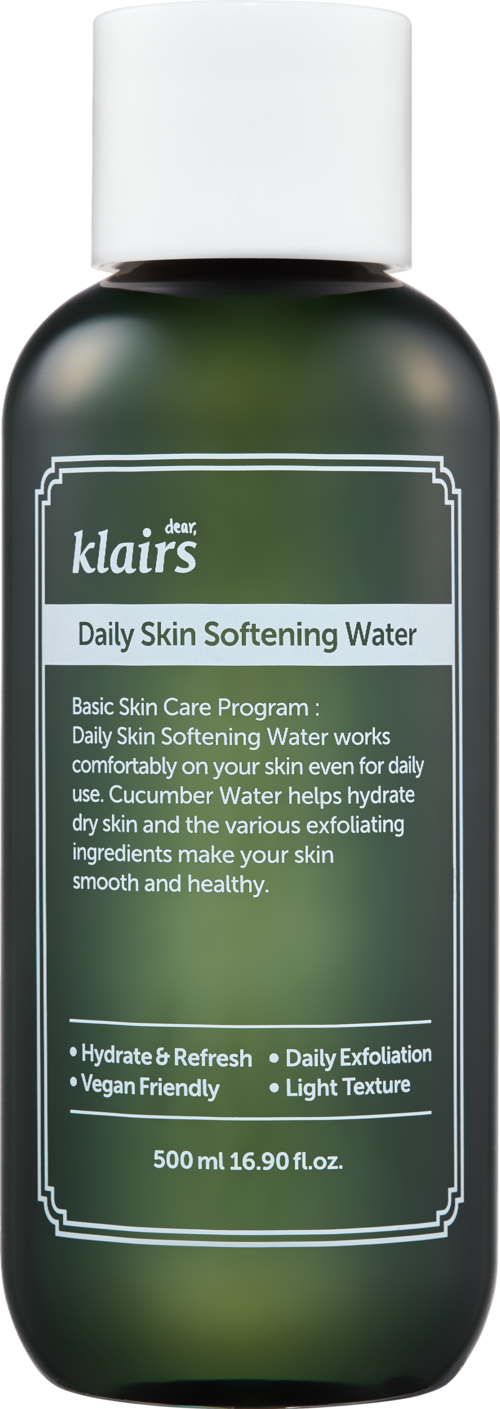 A green bottle labeled 'Daily Skin Softening Water' with a white cap, containing skincare product from Klairs.
