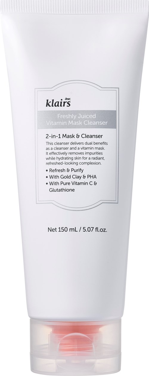 A white tube with a label for a vitamin mask cleanser, contains 150 ml, features gold and red accents.