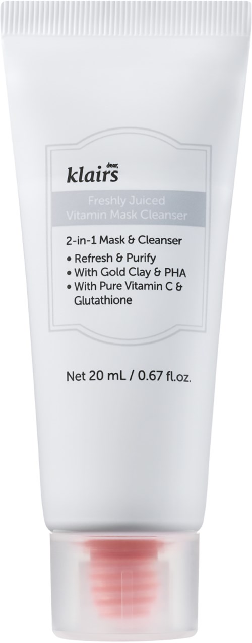 Eine weiße Tube mit Gesichtsmaske und Reiniger, schwarz und grau Text, enthält 20 ml Produkt.