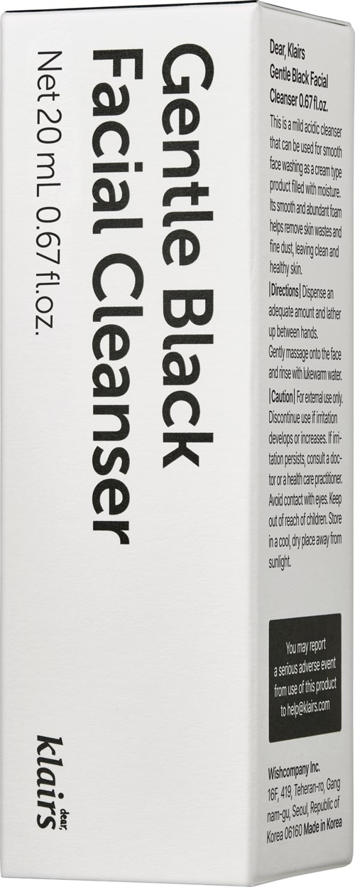 Eine weiße Verpackung mit schwarzem Text für Gentle Black Facial Cleanser, 20 ml. Es listet Anweisungen, Warnungen und Inhaltsstoffe.