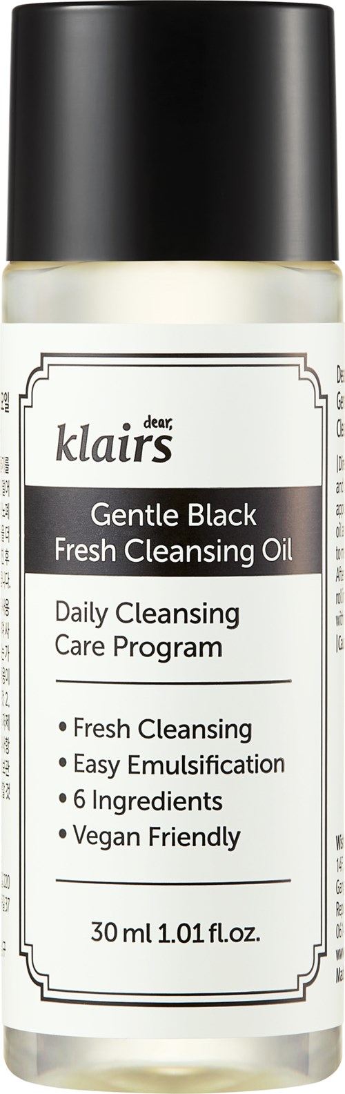 A small bottle of skincare oil labeled 'Gentle Black Fresh Cleansing Oil' with description of its benefits and ingredients.