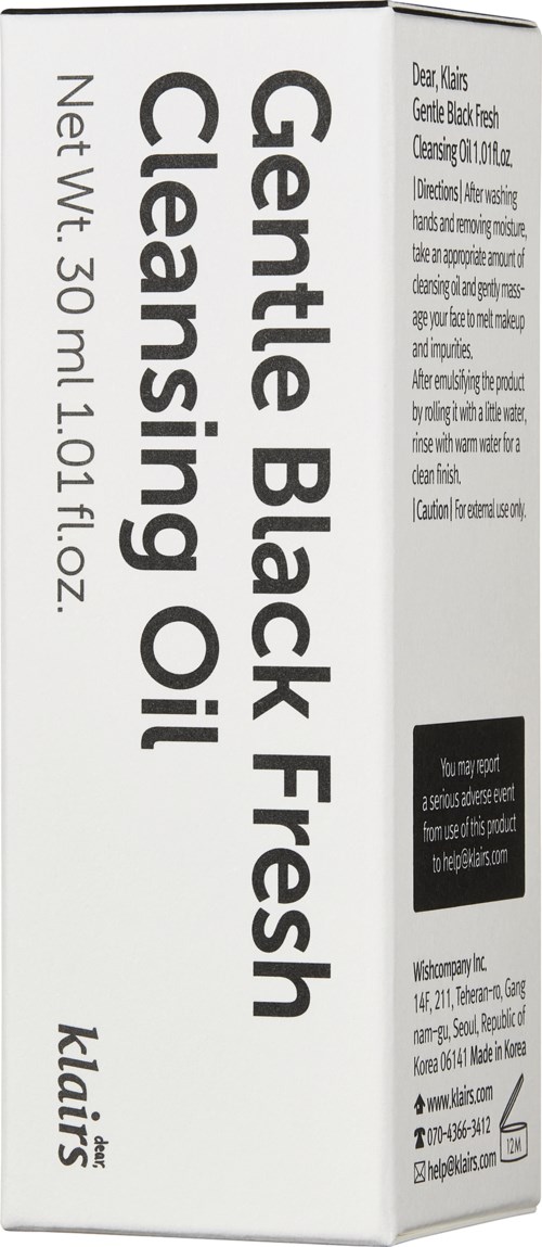 A white box labeled 'Gentle Black Fresh Cleansing Oil' with brand 'Klaire' and product details.