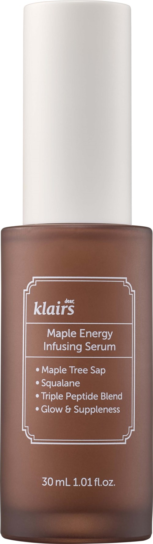 A brown serum bottle with a white cap, labeled 'Klairs Maple Energy Infusing Serum' with key benefits listed.