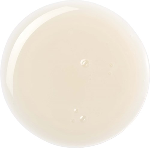 A white, round dish with a creamy liquid and some small bubbles inside.