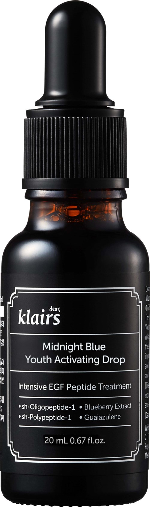 Dunkle bernsteinfarbene Flasche mit schwarzem Tropfer-Deckel, enthält ein jugendförderndes Hautpflege-Serum. Beschriftung erwähnt Midnight Blue, Blueberry Extract.