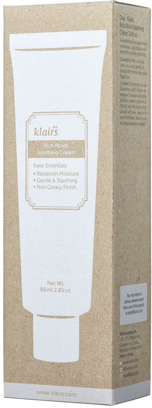 A box with a tube of skincare cream, labeled 'Klairs,' indicating moisturizing and soothing benefits.